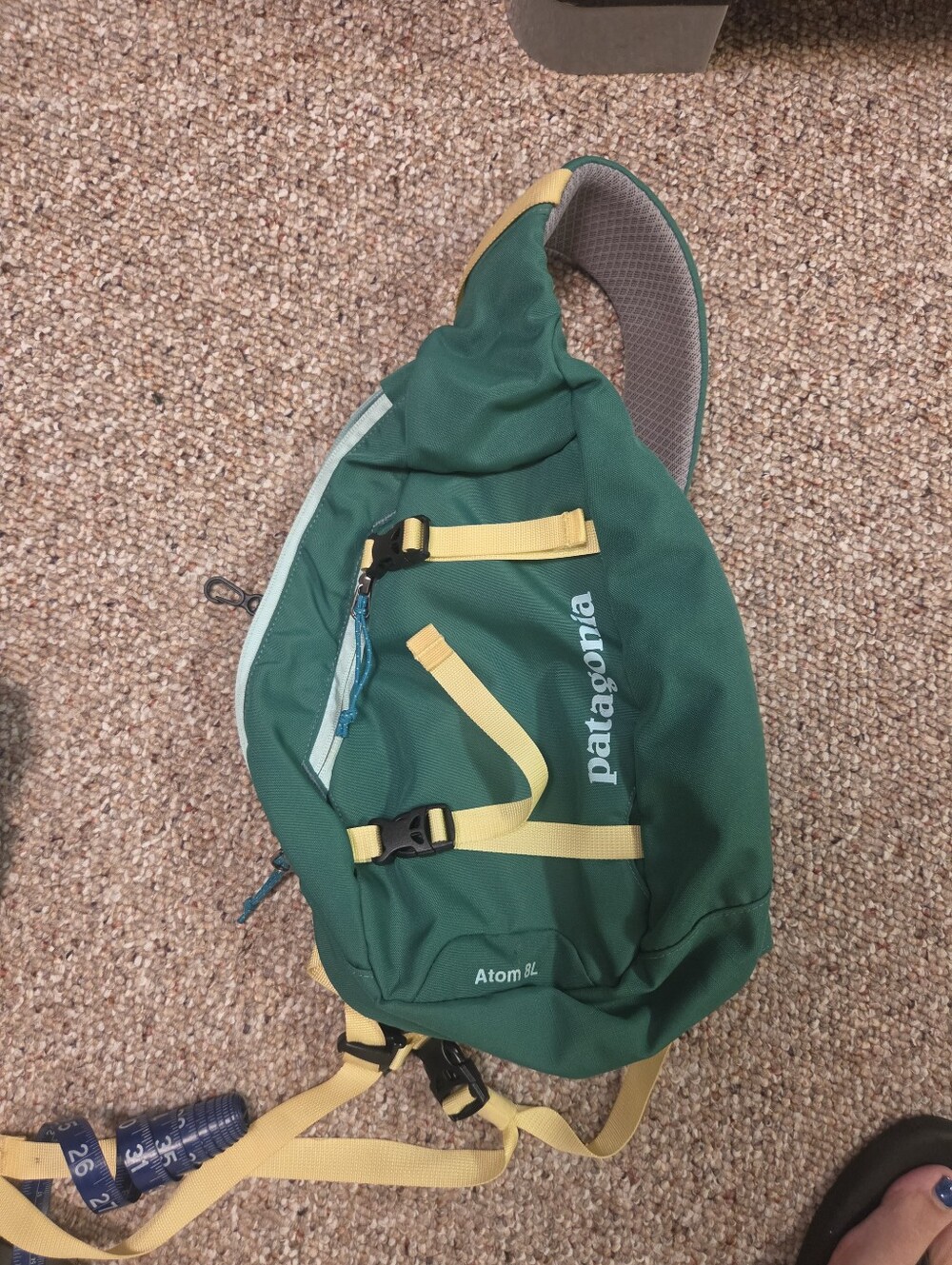 Patagonia green waist sling with yellow straps